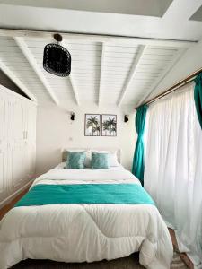 a bedroom with a large bed with blue pillows at 1 bedroom cottage Westlands central location -by Zuri homes in Nairobi