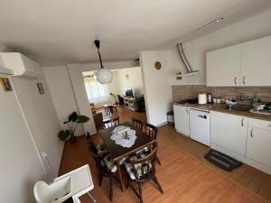 a kitchen and dining room with a table and chairs at Apartman Velojić in Donji Milanovac