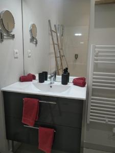 ein Badezimmer mit einem weißen Waschbecken und roten Handtüchern in der Unterkunft L'ETOILE DE MER in Sète