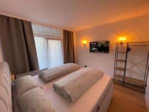 een slaapkamer met twee bedden en een tv aan de muur bij Fundis Apartment in Bad Harzburg +19 foto's