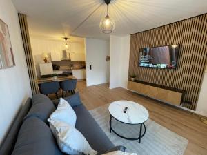 een woonkamer met een blauwe bank en een tafel bij Fundis Apartment in Bad Harzburg