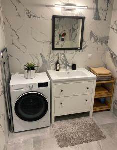 a bathroom with a washing machine and a sink at Lux Studio HOTEL in Keyla