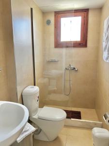 a bathroom with a shower and a toilet and a sink at ATHANASIA APARTMENTS in Skiathos Town