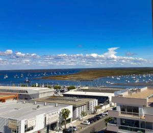 une vue d'une marina avec des bateaux dans l'eau dans l'établissement Studio vue mer-port Arcachon, à Arcachon