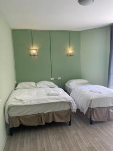 2 camas en una habitación con paredes verdes en Résidences saint pierre en Lourdes
