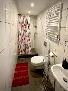 a bathroom with a toilet and a red shower curtain at u bażanta in Uherce Mineralne (7) +35 photos