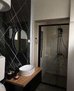 a bathroom with a shower and a toilet and a mirror at Drobnjak apartments in Bijelo Polje +26 photos
