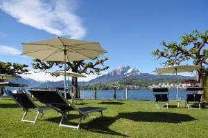 un grupo de sillas y sombrillas junto al agua en HERMITAGE Lake Lucerne - Beach Club & Lifestyle Hotel, en Lucerna