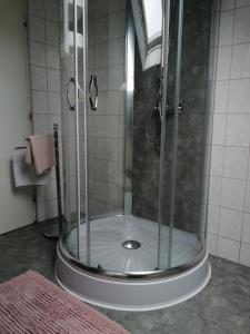 a shower with a glass door in a bathroom at Betti Vendégház in Alsópáhok