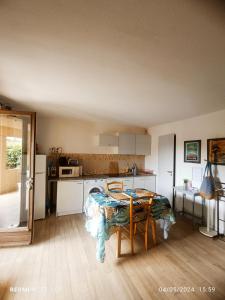 a kitchen with a table and chairs in a room at STUDIO FRENCH RIVIERA in Villeneuve-Loubet