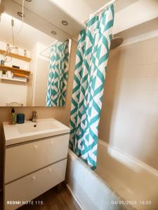 łazienka z umywalką i zasłoną prysznicową w obiekcie STUDIO FRENCH RIVIERA w mieście Villeneuve-Loubet