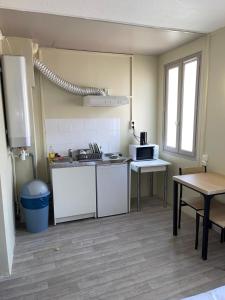 una cocina vacía con fregadero y microondas en Résidences saint pierre en Lourdes