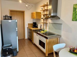 una pequeña cocina con nevera y fregadero en Ferienwohnung Stengel, en Schotten