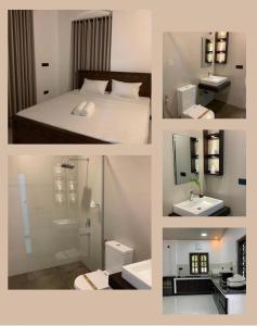 uma colagem de fotos de um quarto e uma casa de banho em Leena Holiday Home em Batticaloa