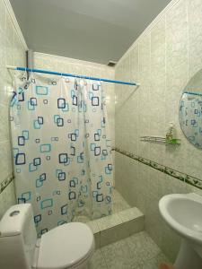 a bathroom with a toilet and a shower curtain at Гостевой дом ТОЛНУР in Cholpon-Ata