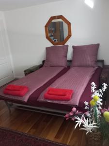 een bed met paarse lakens en rode kussens en een spiegel bij Alpenblick Monteurzimmer und Ferienwohnung 