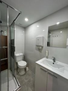 ein Bad mit einem WC, einem Waschbecken und einer Dusche in der Unterkunft São Lázaro Bhuiyan Family Host in Lissabon