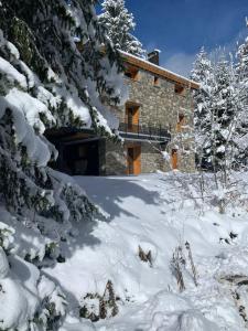 a stone house in the snow with trees at LE LODGE, Pyrénées 2000 - Jardin, très calme, espace rangement in Bolquere Pyrenees 2000