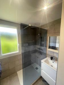 a bathroom with a shower and a sink and a window at Chambre avec Salle de bain privée dans appartement partagé in Montpellier