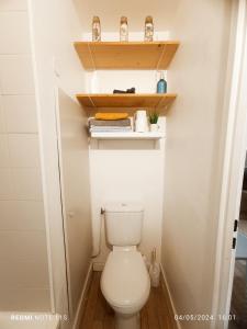 a small bathroom with a toilet and shelves at STUDIO FRENCH RIVIERA in Villeneuve-Loubet