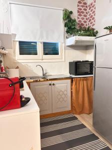 a small kitchen with a refrigerator and a sink at Nikos' Home in Gastouri