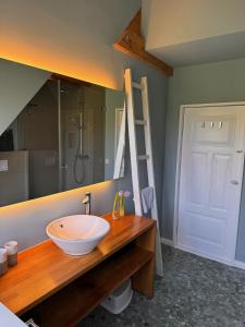 une salle de bain avec un lavabo et un grand miroir dans l'établissement Kleine Perle, à Brodersby