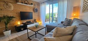 uma sala de estar com um sofá e uma televisão em Appartement 2 pièces Cosy 20 min à pied de la plage em Fréjus