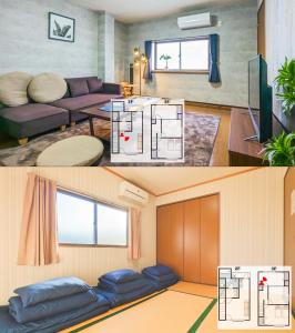een woonkamer met een bank en een tafel bij 76 sq Meter, 3 Bedrooms & LivingRoom with Famicon, DoumoTengachaya DT02 in Osaka