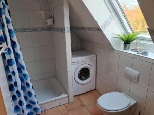 ein Bad mit einer Waschmaschine und einem Fenster in der Unterkunft Treeneperle in Schwabstedt
