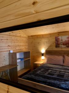 a bedroom with a bed in a wooden cabin at Bujtina Pllumi Theth in Theth