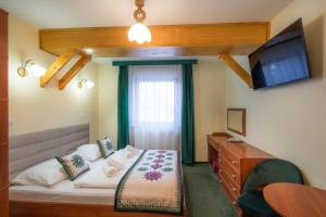 a bedroom with a bed and a tv and a desk at Willa Monte Rosa in Zakopane