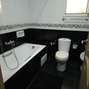La salle de bains est pourvue de toilettes et d'une baignoire. dans l'établissement Villa Sérénité, Yasmine Hammamet, à Hammamet