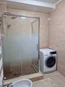a shower in a bathroom with a washing machine at Villa Niko in Mamaia Nord