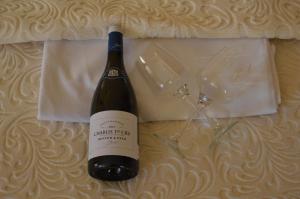 a bottle of wine next to two wine glasses at Castle waterfront apartments in Dinoša