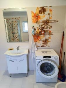 a bathroom with a washing machine and a sink at CASA IONUȚ in Borşa +28 photos