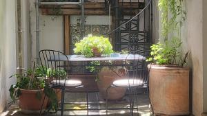 a table with chairs and potted plants on a balcony at small miramare appartamento sogno sul mare in Trieste