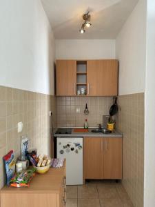 eine kleine Küche mit Holzschränken und einer Theke in der Unterkunft Villa Nela in Tivat