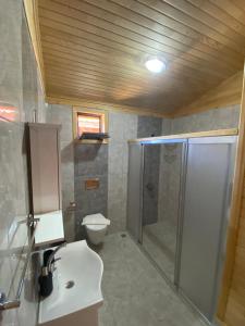 een badkamer met een douche, een wastafel en een toilet bij Plaj Hotel in Cıralı