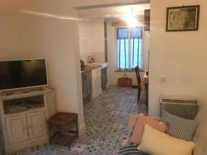 a living room with a television and a couch at Le Cabanon in Cosne Cours sur Loire
