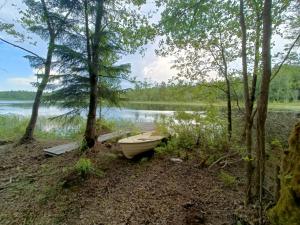 a boat sitting on the shore of a lake at Holiday home Småland Siggamåla in Husjönäs