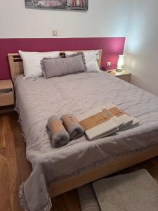 ein Bett mit zwei Decken und zwei Büchern darauf in der Unterkunft Jovì`s Apartment in Tar
