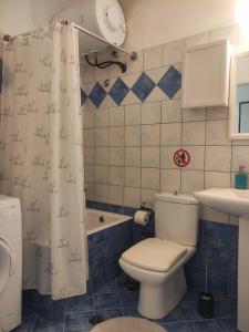 a bathroom with a toilet and a shower curtain at Olga & Dimitris in Kalamata +18 photos