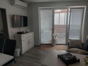 ein Wohnzimmer mit einem Sofa und einem TV in der Unterkunft Apartma Rakita in Moravske-Toplice
