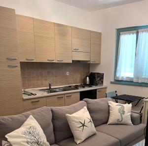 ein Wohnzimmer mit einem Sofa und einer Küche in der Unterkunft Jovì`s Apartment in Tar