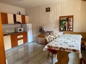 a kitchen with a table and a kitchen with a refrigerator at Pensiunea Răzvan in Gura Râului