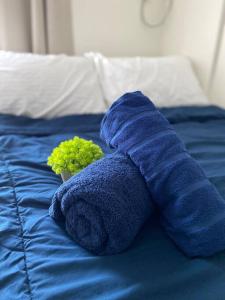 een blauwe handdoek met een plant op een bed bij Stylish Studio in Downtown with Remote Work Setup in Cabaguio