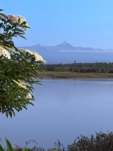 - une vue sur un lac avec des montagnes en arrière-plan dans l'établissement Mukima Manor, à Nanyuki