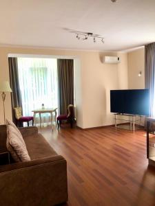 ein Wohnzimmer mit einem Sofa und einem Flachbild-TV in der Unterkunft Helen Hotel in Mykolajiw