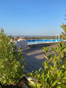 una vista de una piscina desde detrás de algunos árboles en Casa Alfazema do Monte, en Santa Marta