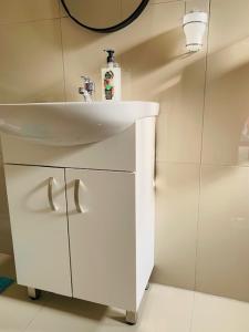 ein Badezimmer mit einem weißen Waschbecken und einem Spiegel in der Unterkunft Ouklip Place Hotels in Roodepoort